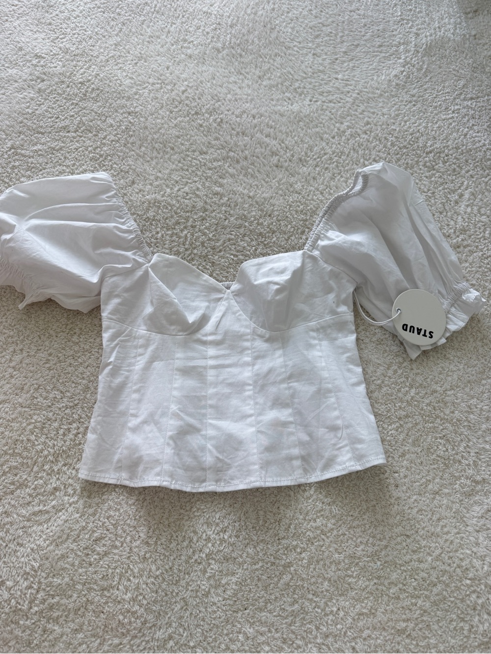 STAUD White Sweetheart Puff-Sleeve Corset Blouse